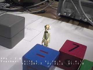 scene showing augmented character correctly obscured by the real blocks